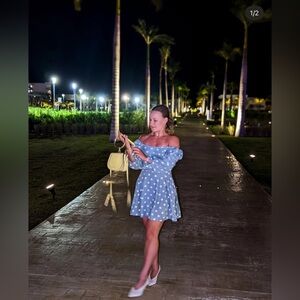 Blue Polka Dot Off-Shoulder Dress